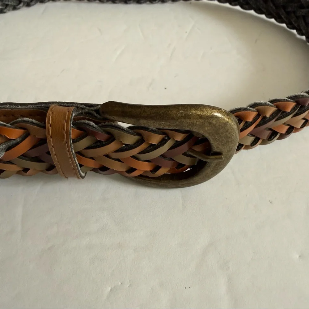 Braided Woven Multicolor Leather Belt with Brass Buckle